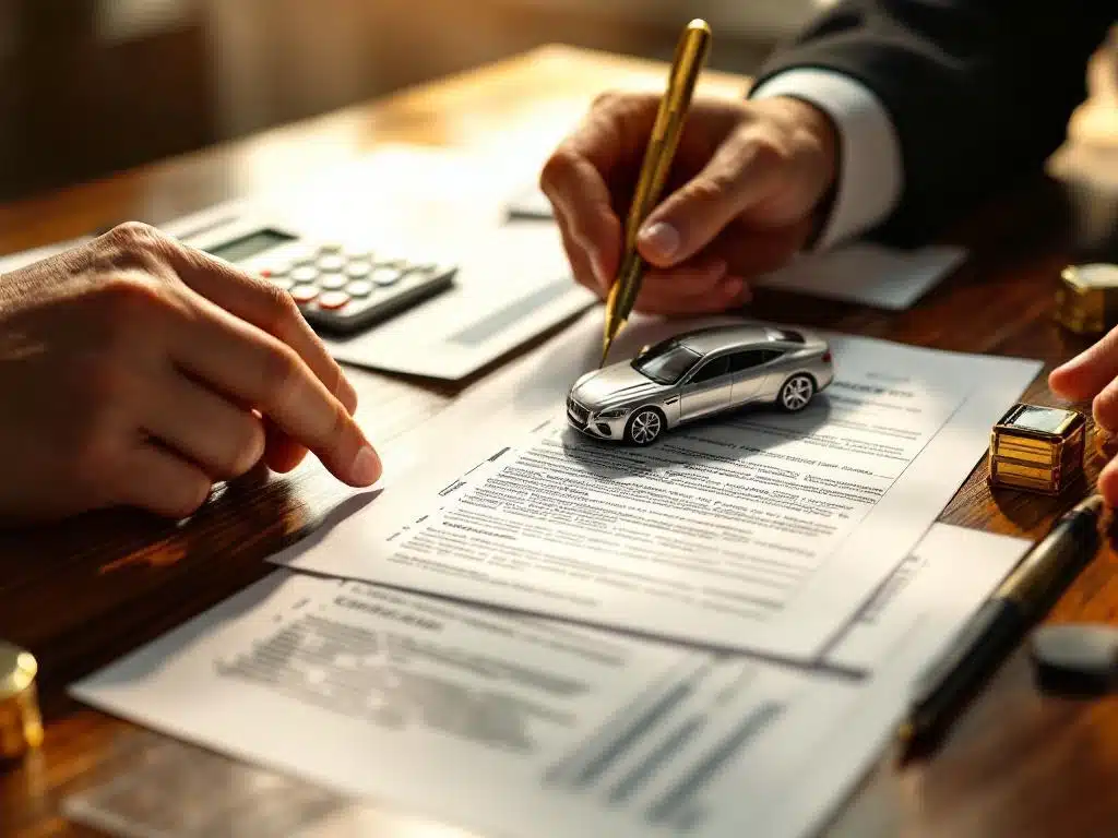 Professionele handen bekijken financiƫle leasecontracten op bureau met autosleutel en luxe automodel op voorgrond