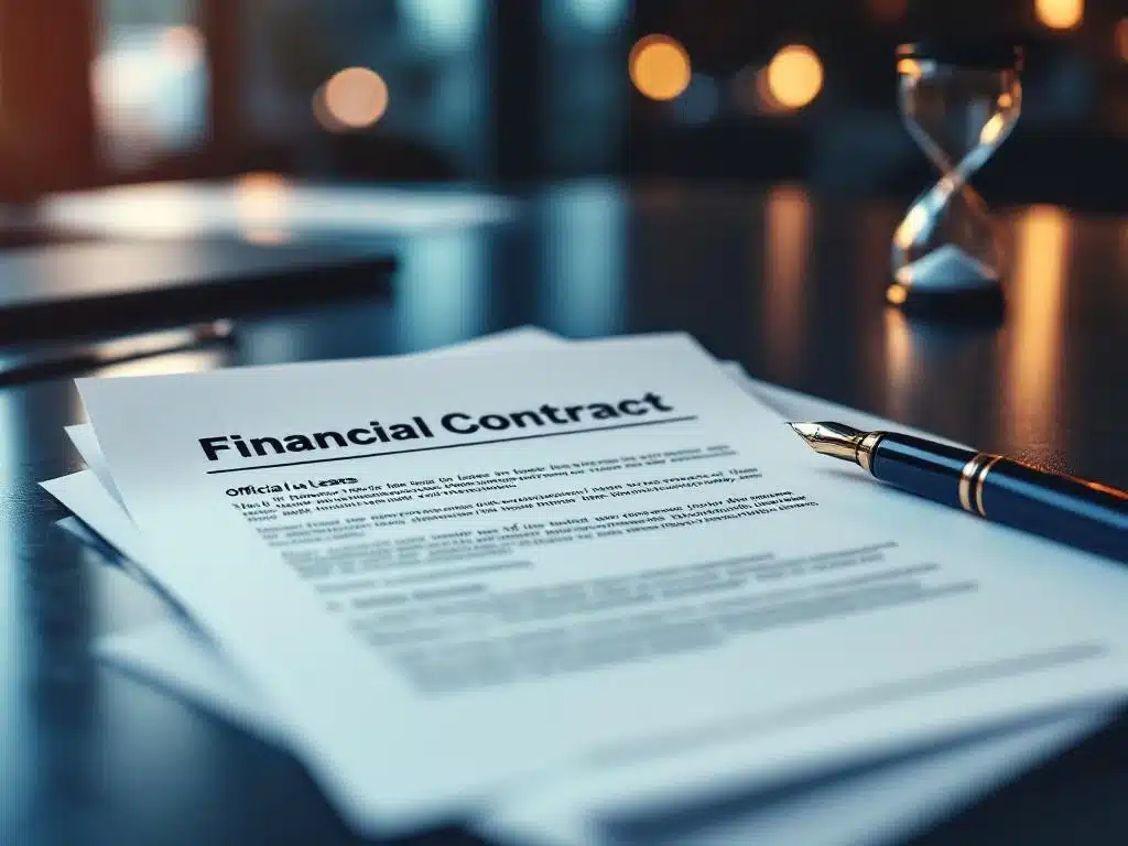 Open financieel leasecontract op moderne bureau met vulpen en zandloper op achtergrond in professionele setting