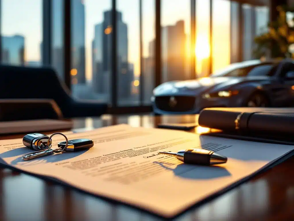 Zakelijke documenten en autosleutels op mahoniehout bureau met luxe auto op achtergrond, symboliseert eigendomsoverdracht
