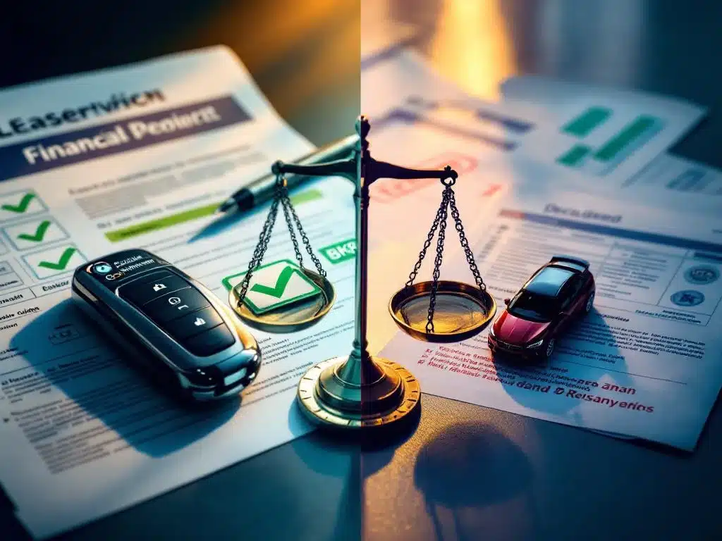 auto-lease-bkr-financiering-vergelijking.jpg Auto sleutel op financiƫle documenten met goedkeuring links, afwijzing rechts, weegschaal toont lease opties vergelijking