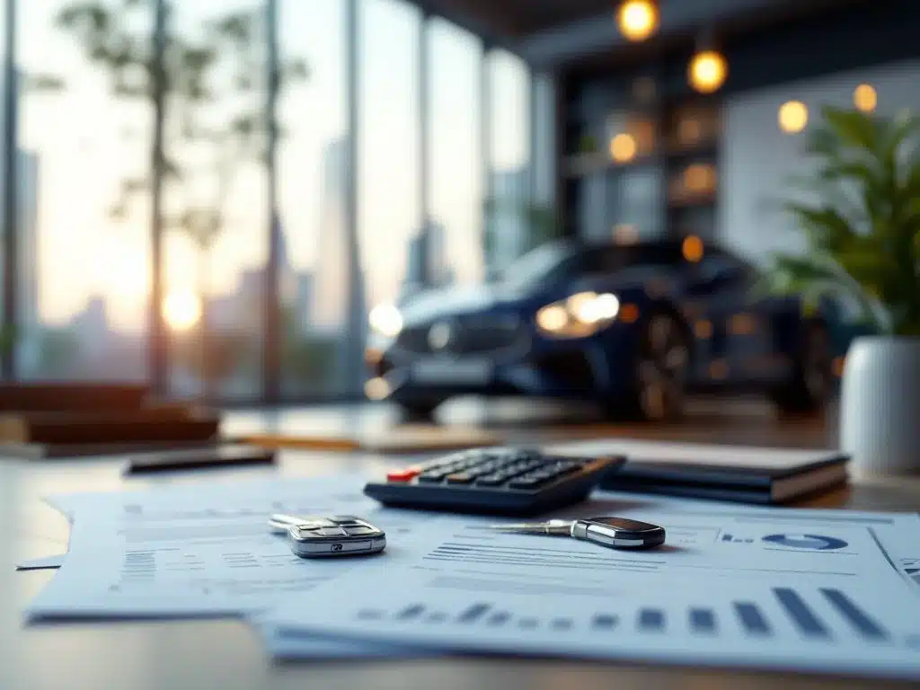 Moderne kantoorbureau met financiële documenten, rekenmachine en autosleutels, luxe auto op achtergrond door ramen