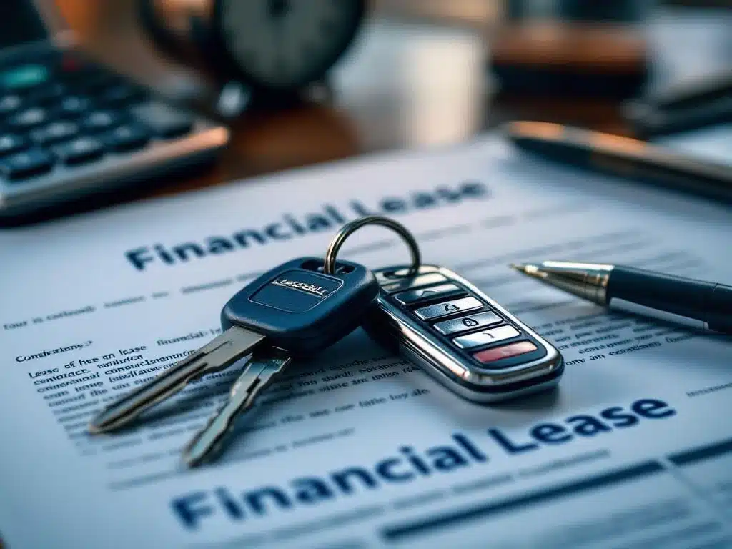 Autosleutels op financiële leasedocumenten met rekenmachine en pen op houten bureau, professionele kantooromgeving
