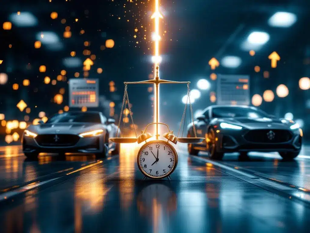 Auto in gesplitst scherm: links korte kalender met pijlen omhoog, rechts lange kalender met pijlen omlaag, weegschaal centraal