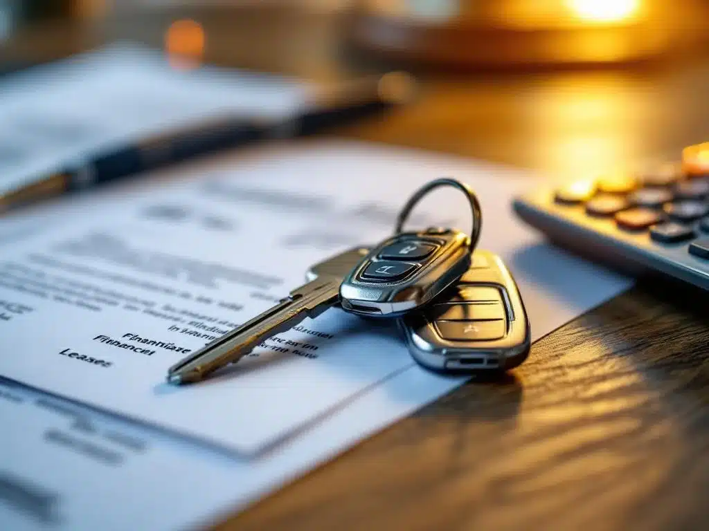 Autosleutels op financiële leasedocumenten met rekenmachine en pen op professioneel bureau