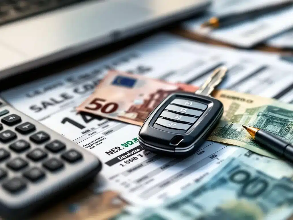 Zwarte autosleutel op eurobiljetten en belastingdocumenten met rekenmachine, laptop toont spreadsheet op achtergrond