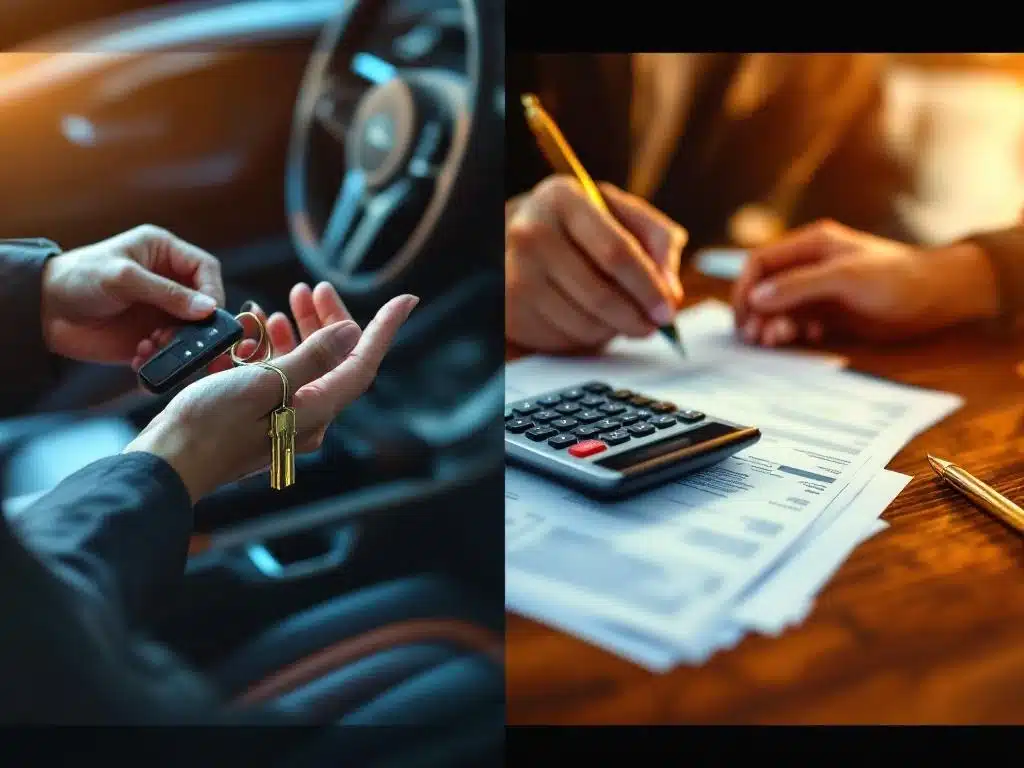 Handen met autosleutels en financiële documenten op bureau, concept autoleasing en eigendom