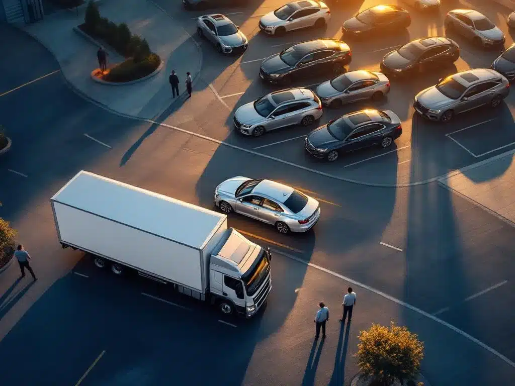Luchtfoto van moderne autodealer met vrachtwagen die zilveren sedan uitlaadt, personeel met papierwerk bij voertuigen