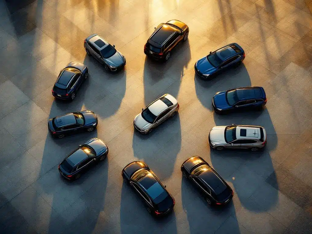 Luchtfoto van luxe auto's in cirkelvormige opstelling op beton met dramatische verlichting voor lease concepten