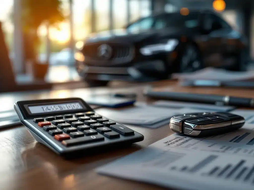 auto-financiering-calculator-maandlasten-berekening.jpg Calculator met maandelijkse betalingsberekeningen naast financiƫle documenten en autosleutel op houten bureau