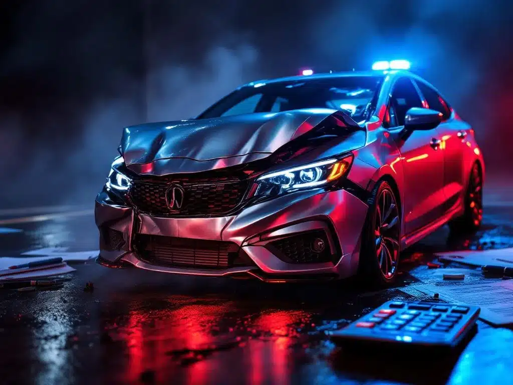 Zwaar beschadigde zilveren leasewagen met ingeslagen voorkant en ontplooid airbags op nat asfalt bij ongeval