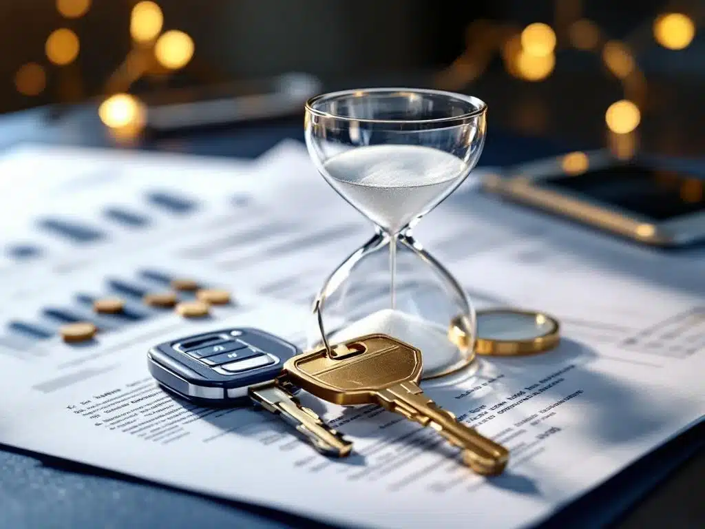 Autosleutels op lease contractdocumenten met zandloper, professionele financiële sfeer in navy blauw en goud