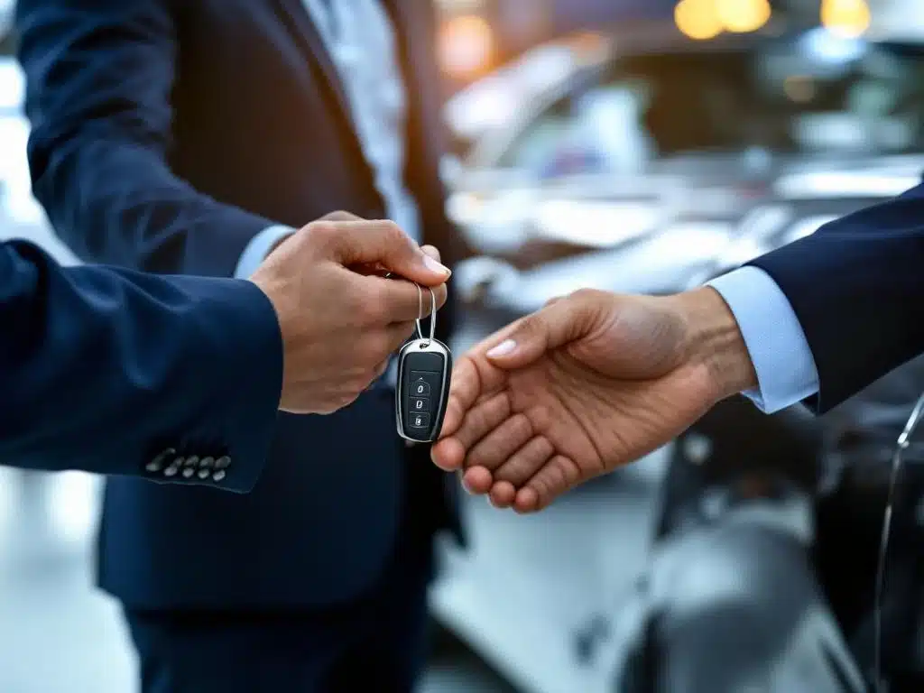 Zakelijke professionals overhandigen autosleutels bij luxe voertuig tijdens lease-overdracht