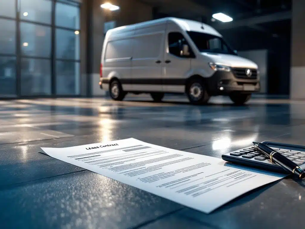 Witte bedrijfswagen met leasingcontracten, rekenmachine en pen op gepolijste betonvloer in professionele studio