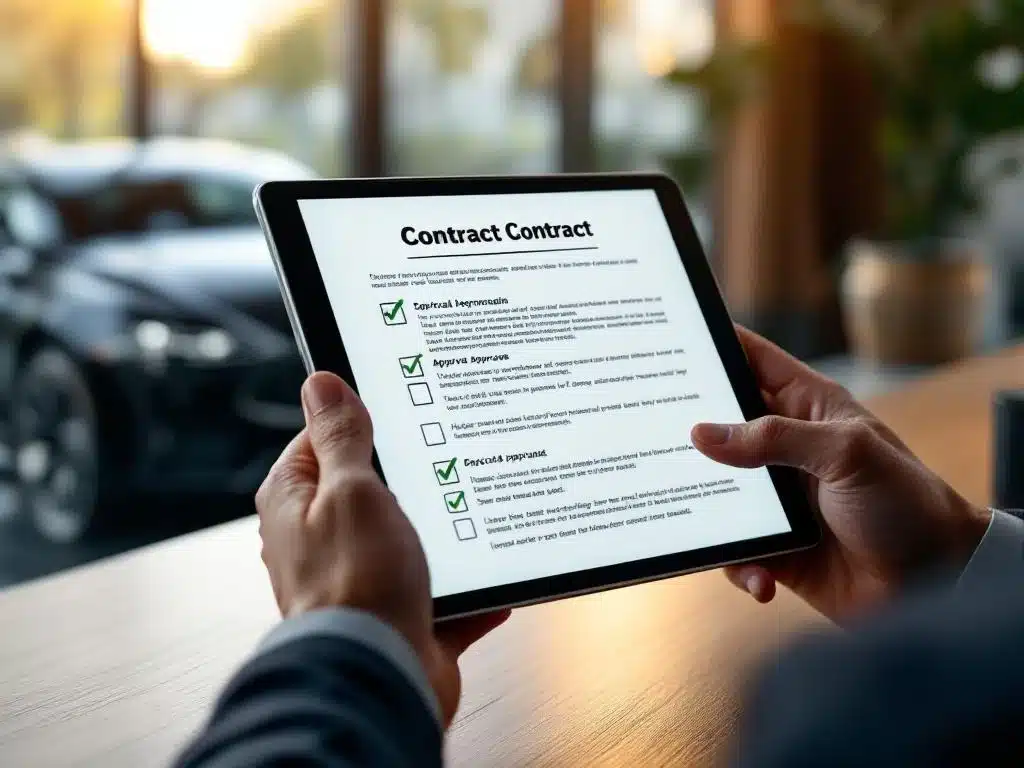 digitaal-contract-goedkeuring-tablet-auto-financiering.jpg Professionele handen houden tablet met digitaal contract vast op modern bureau, luxe auto op achtergrond