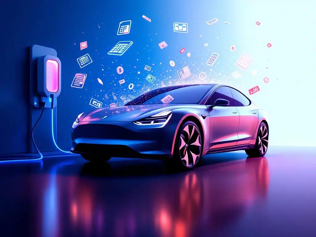 Moderne elektrische auto aangesloten op laadstation met blauwe kabel, omringd door zwevende financiële documenten