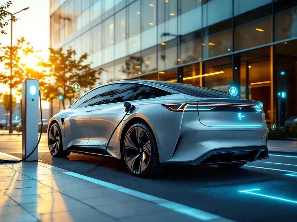 Zilveren elektrische zakenauto met blauwe verlichting aan laadstation voor modern kantoorgebouw bij zonsondergang