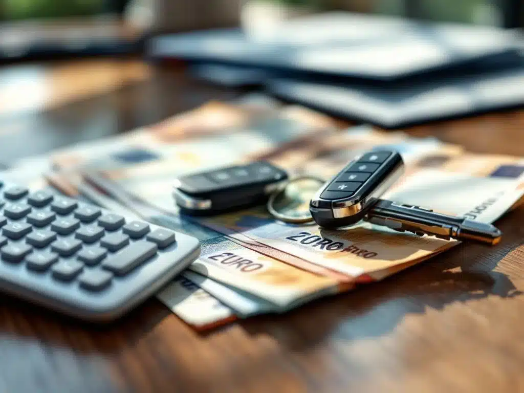 Euro bankbiljetten uitgespreid op houten bureau met zilveren calculator en luxe autosleutel, zachte natuurlijke belichting