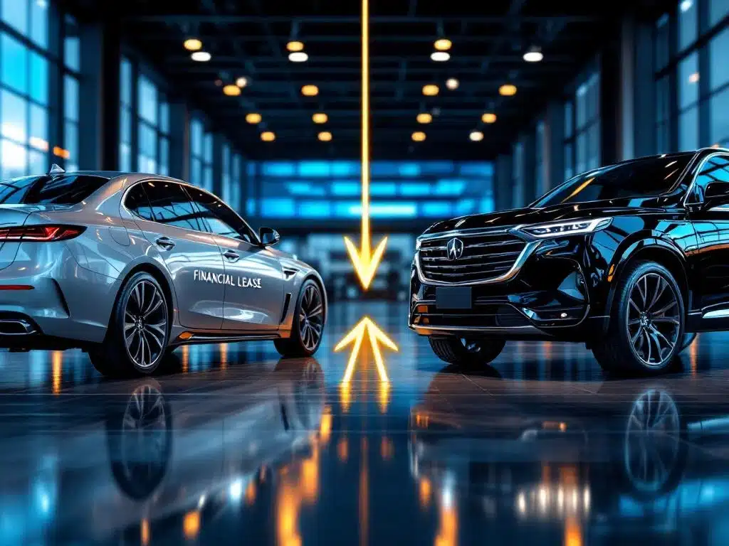 Twee luxe auto's met gouden uitwisselingspijlen: zilveren sedan met financial lease documenten en zwarte SUV