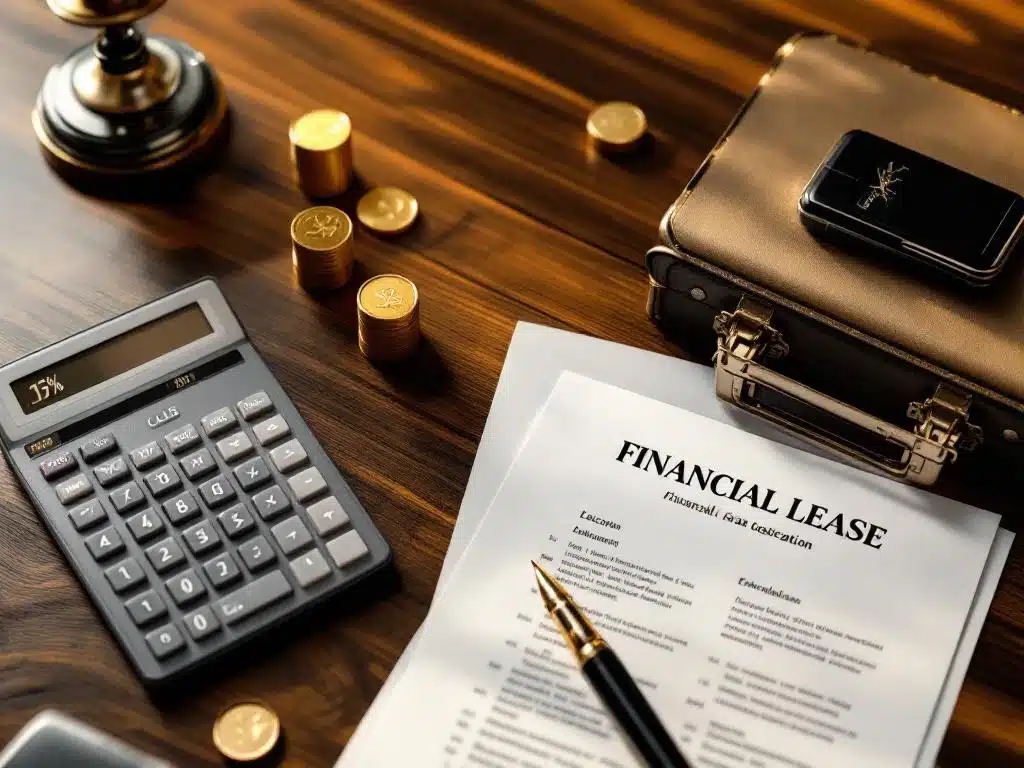 Moderne bureau met rekenmachine, Nederlandse financial lease documenten, autosleutel en gouden munten op mahoniehout