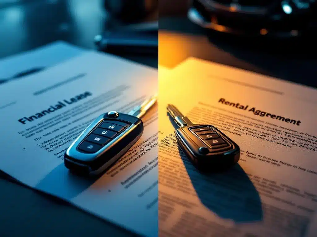 Autosleutels op leasedocumenten links en huurkoopcontract rechts, met moderne auto silhouet op achtergrond