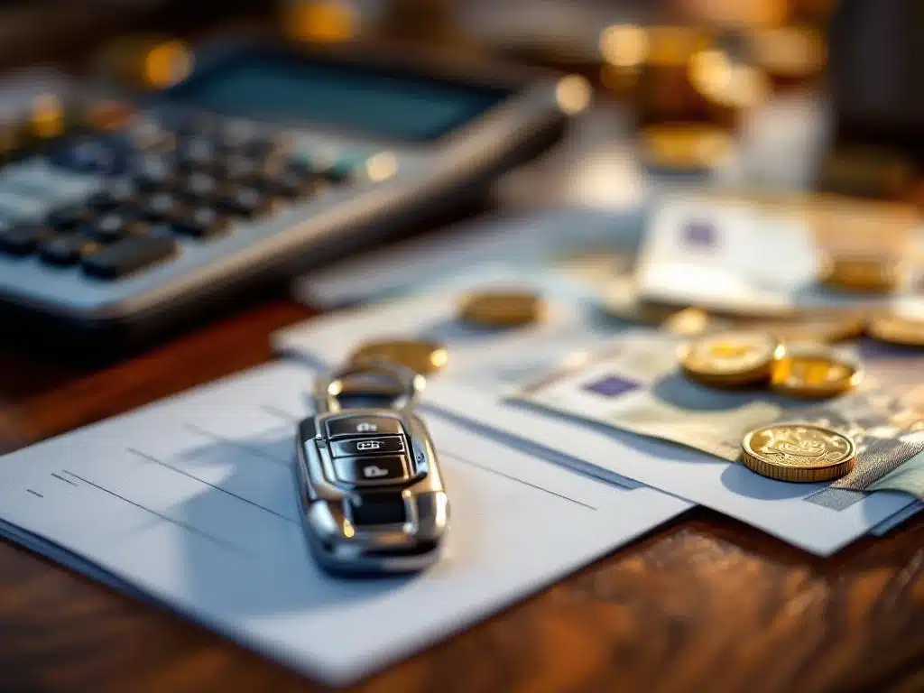 Autofinanciering documenten met calculator, eurobiljetten, munten en autosleutel op mahonie bureau