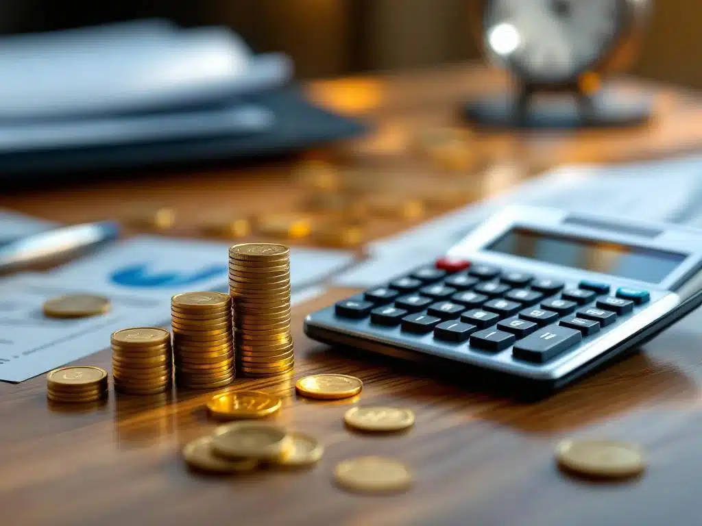 Moderne rekenmachine op houten bureau met financiƫle documenten, gestapelde munten en leasingcontracten voor zakelijke beslissingen.