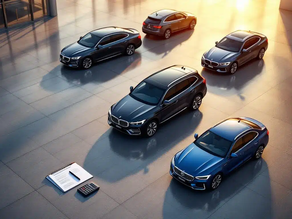 Zakelijke auto's in diagonale formatie op beton met rekenmachine en documenten, professionele verlichting