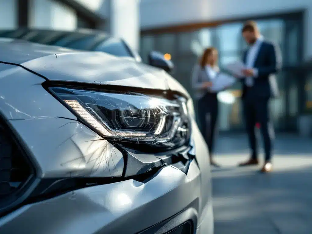 Beschadigde zilveren lease auto met gebarsten koplamp en gedeukte bumper naast kantoorgebouw met zakenmensen