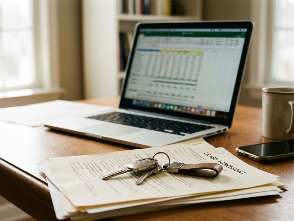 Autosleutels op leasedocumenten naast laptop met financiële spreadsheets op houten bureau van freelancer werkplek
