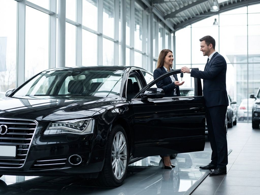 Professionele leasingadviseur overhandigt autosleutels aan tevreden klant bij zwarte sedan in moderne showroom