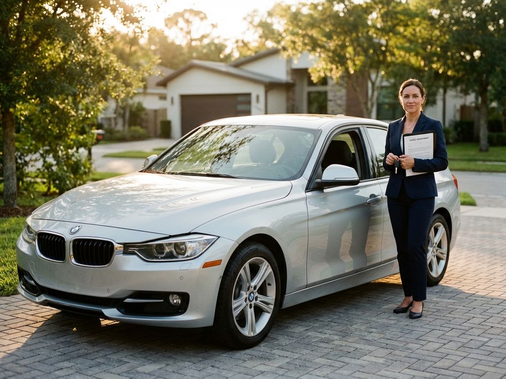 Professionele vrouw in marineblauw pak staat naast zilveren lease-auto met sleutels en contract in moderne oprit