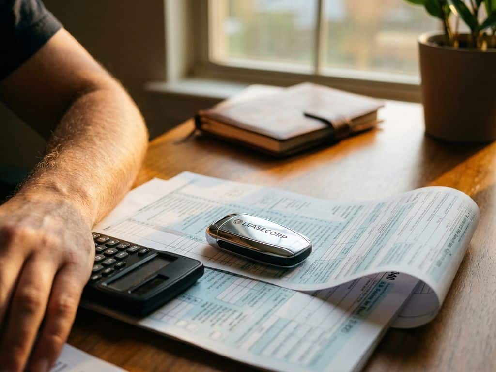 Moderne autosleutel met leasinglogo op belastingdocumenten, zakenmanhand reikt ernaar, kantooromgeving