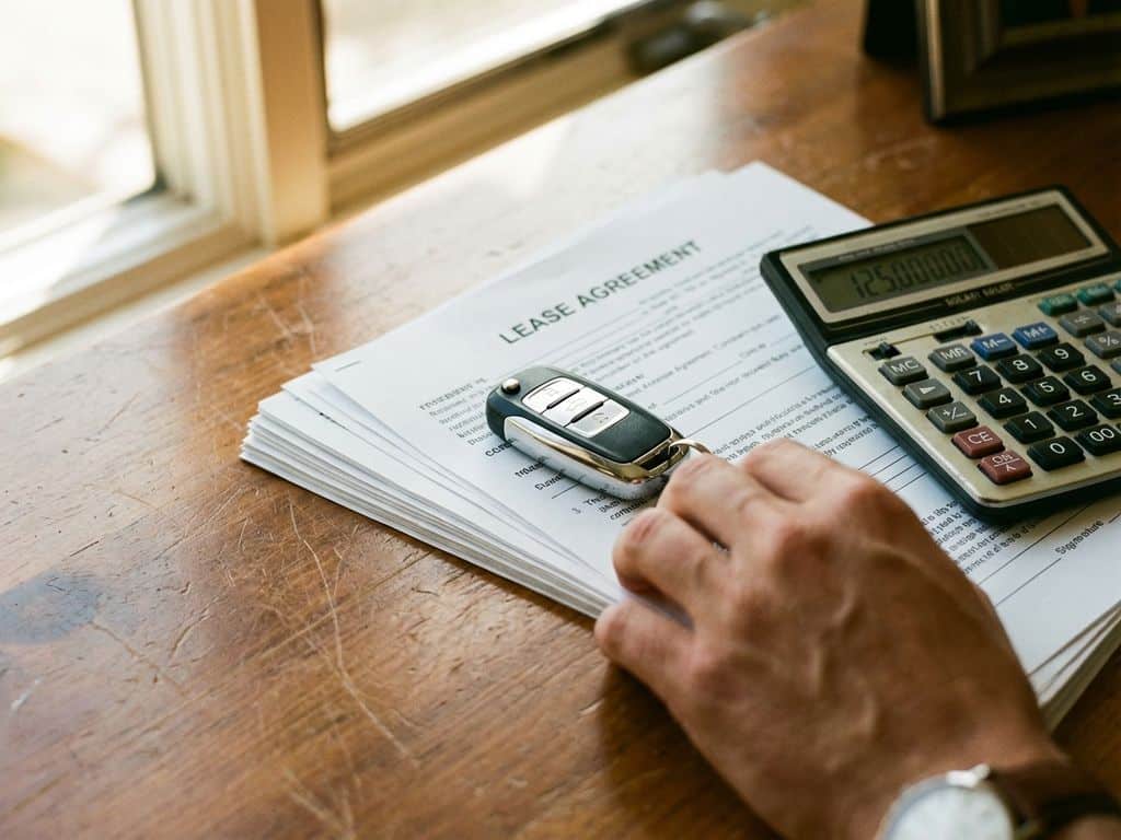 Moderne autosleutel op stapel financiële documenten en leasecontracten met rekenmachine op houten bureau