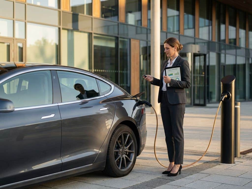 Professionele zakenvrouw met autosleutels en tablet naast moderne elektrische auto voor kantoorgebouw tijdens gouden uur