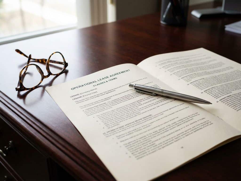Operationeel lease contract opengeslagen op mahonie bureau met zilveren pen en leesbril, professionele zakelijke sfeer