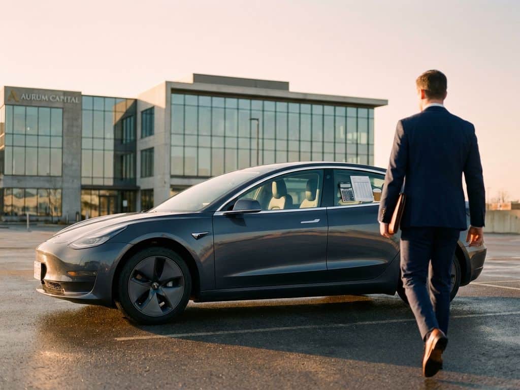 Moderne zakenauto geparkeerd voor kantoorgebouw met professional in pak die leren portfolio vasthoudt