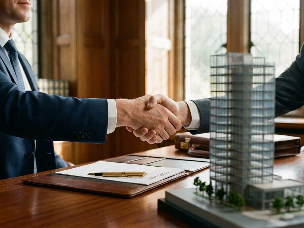 Zakenman in pak ondertekent contract aan mahonie bureau met architectuurmodel van kantoorgebouw en handdruk