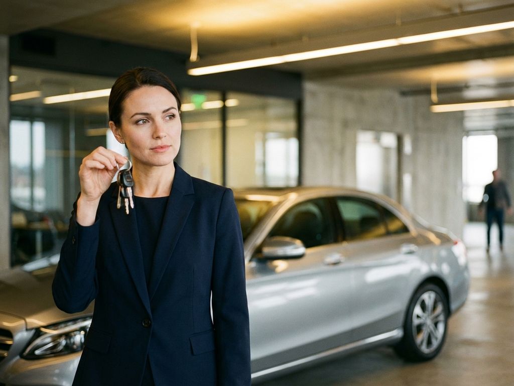 Professionele zakenvrouw in marineblauw pak bekijkt autosleutels naast zilveren sedan in moderne parkeergarage