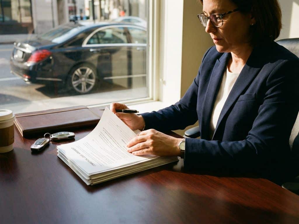 Zakenvrouw in marineblauw pak bekijkt financiële documenten met autosleutel op leasepapieren op mahonie bureau