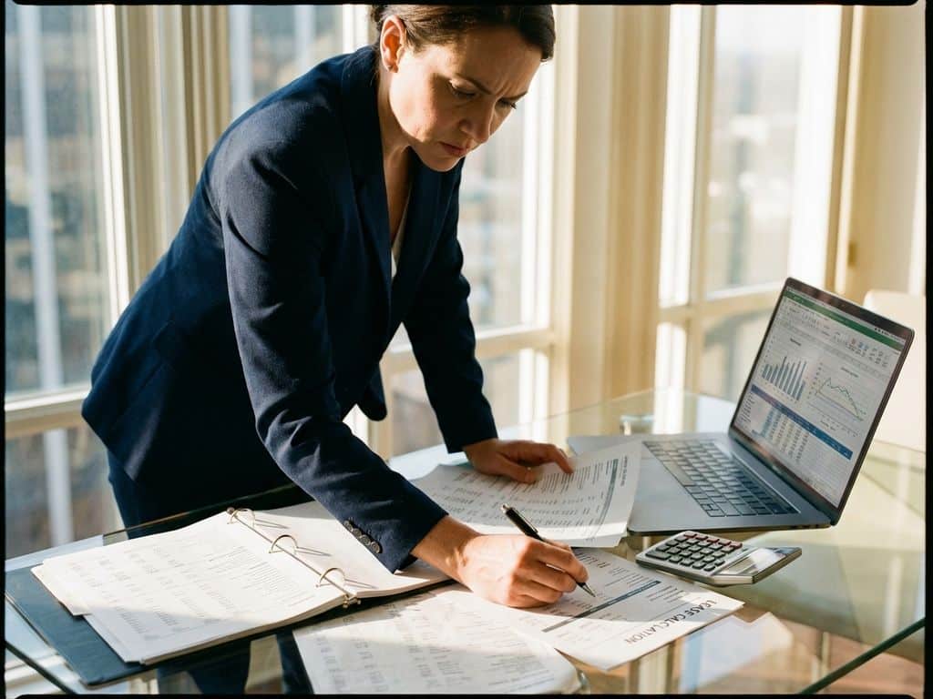 Zakenvrouw in marineblauw jasje bekijkt financiële documenten aan glazen bureau met laptop en rekenmachine