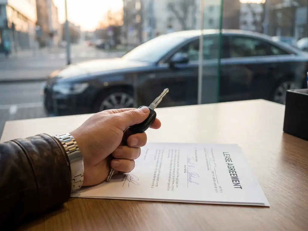 Hand van ondernemer met autosleutel boven ondertekend leasecontract op bureau, moderne sedan zichtbaar op achtergrond.