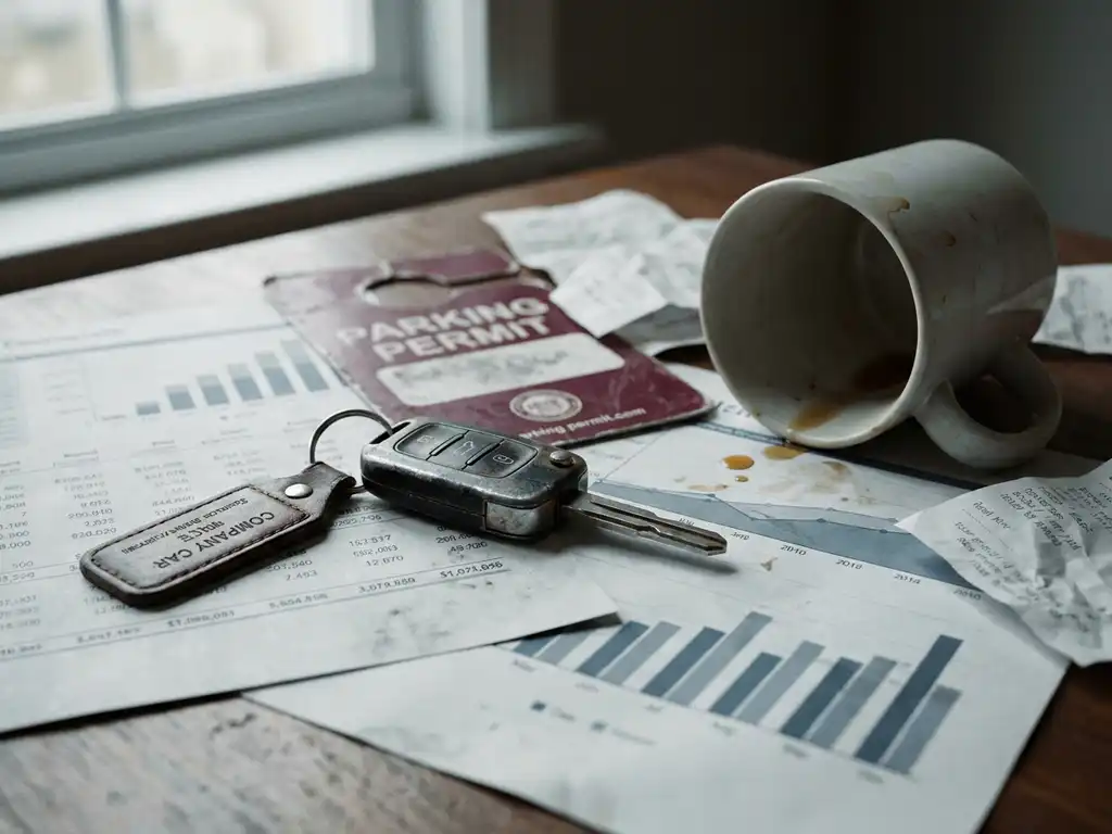 Bedrijfsautosleutel op rommelig bureau naast financiële documenten, omgevallen koffiebeker en vervaagde parkeervergunning.