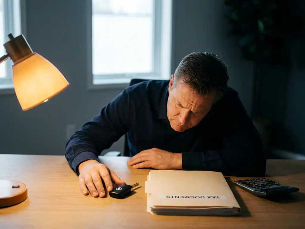 Gestreste werkgever aan modern bureau met autosleutel en belastingmap naast rekenmachine, dramatische belichting benadrukt financiële druk.