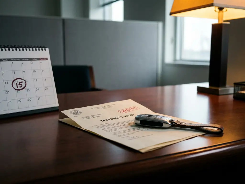 Belastingboete onder autosleutelhanger op zakelijk bureau met kalender met omcirkelde deadline op de achtergrond.