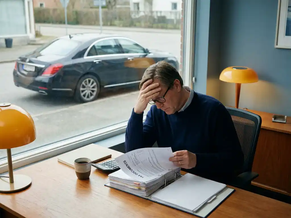 Ondernemer bestudeert belastingdocumenten aan bureau met calculator en koffie, lease-auto zichtbaar door kantoorraam op de achtergrond.
