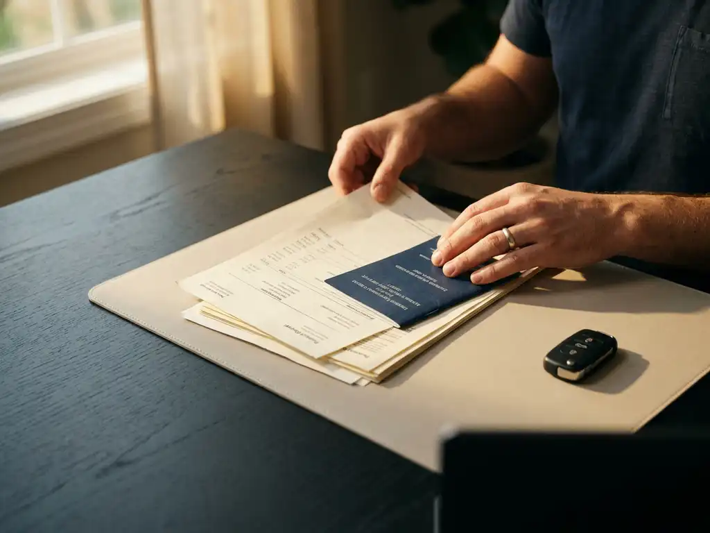 Handen van een zelfstandige die financiële documenten en kentekenbewijs ordent op modern bureau, met autosleutel ernaast.