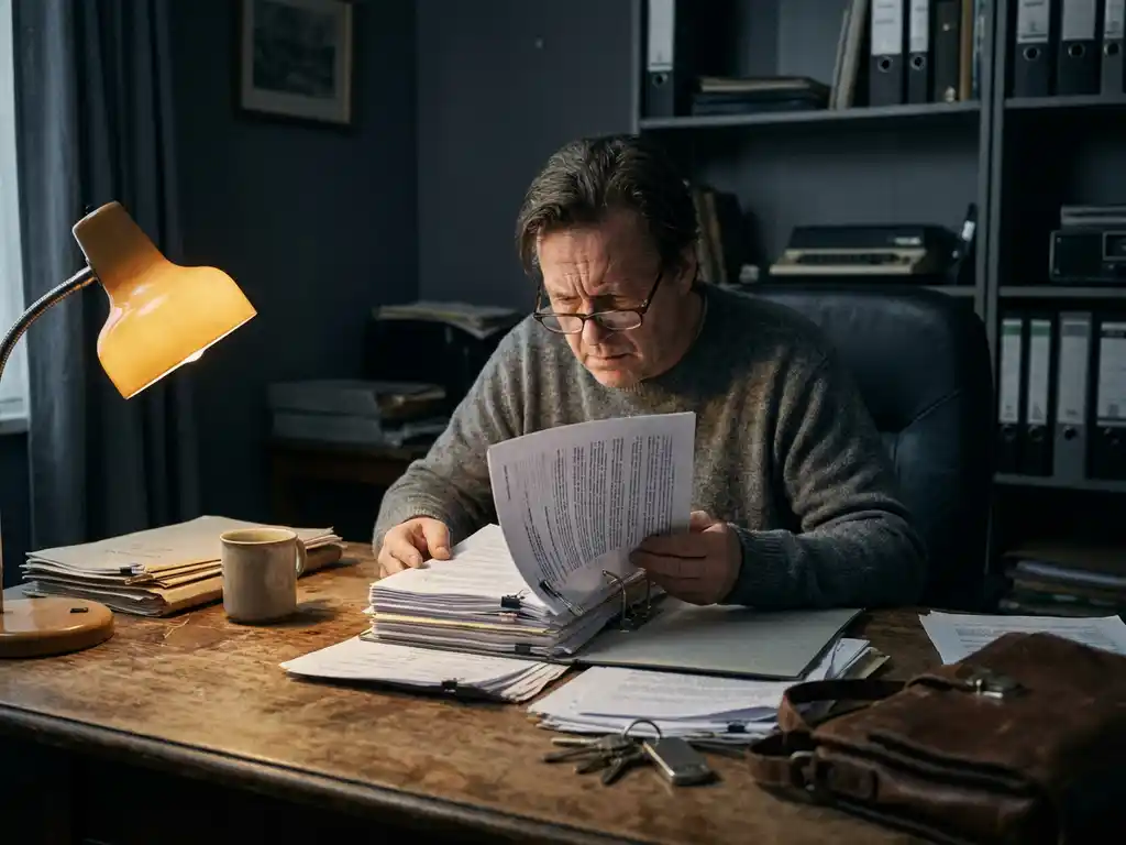 Ondernemer bekijkt fronsend een dikke stapel leasecontracten aan een rommelig bureau, autosleutels half bedekt onder de papieren.