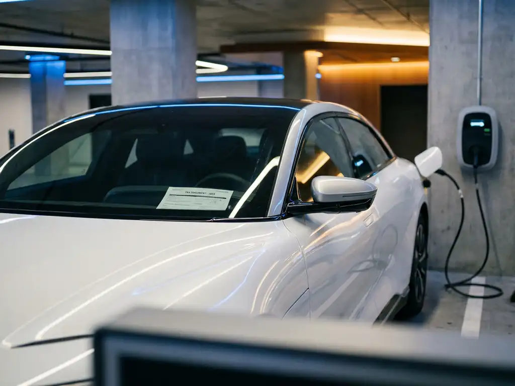 Witte elektrische auto aangesloten op laadpaal in moderne parkeergarage, belastingdocument zichtbaar op dashboard.