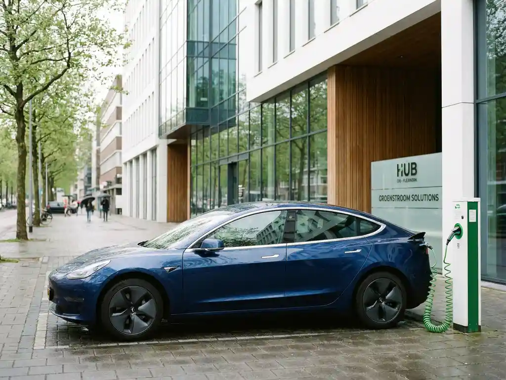 Elektrische auto met laadkabel voor modern kantoorgebouw in Rotterdam op een heldere dag.