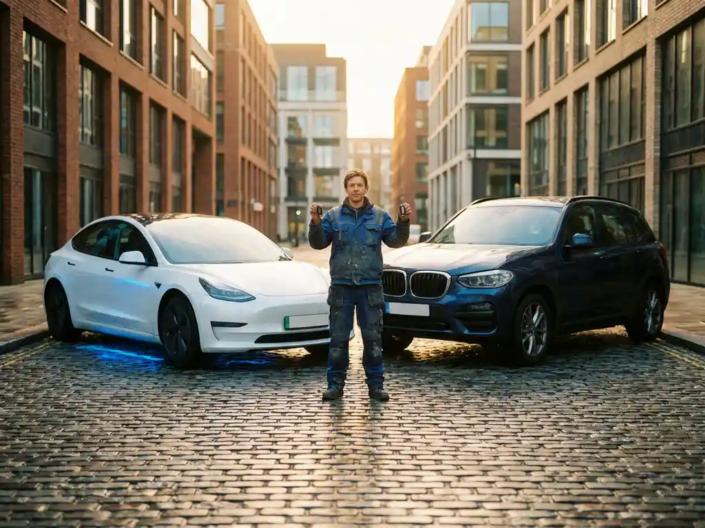 Ondernemer tussen elektrische auto en benzineauto op een kinderkopjesstraat in een Nederlands zakendistrict bij ochtendlicht.